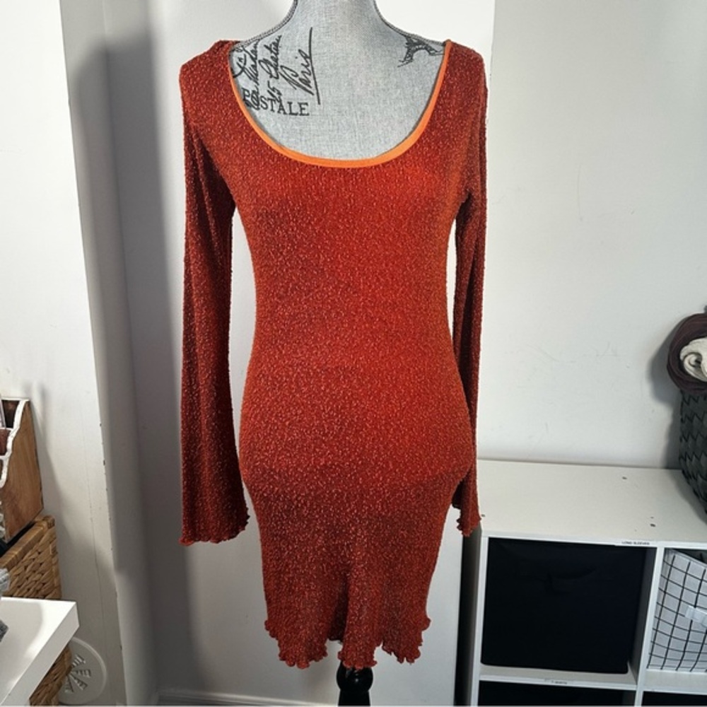 Mother Earth Hand Knit Textured Midi Dress Rust Orange Small Medium